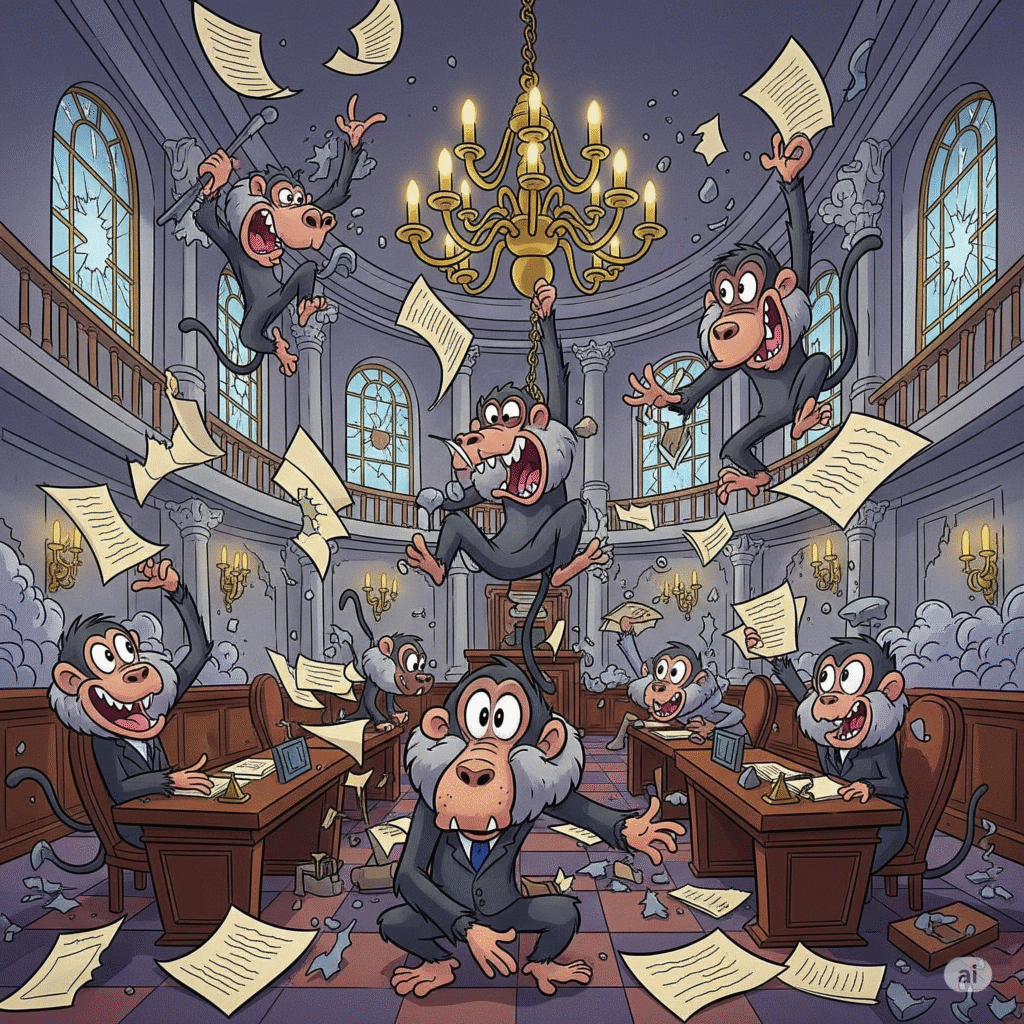 [בתמונה: התרחיש הקמאי של בבונים משתוללים בבית המשפט... התמונה עובדה במערכת הבינה המלאכותית Gemini' של גוגל]