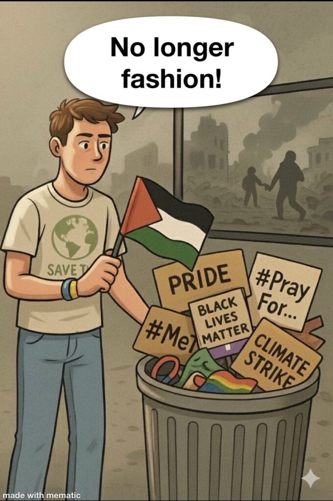 [בתמונה: לא רחוק היום שגם הדגל הפלסטיני - שהפך לדגל ההשתלטות המוסלמית על המערב - ייזרק לפח, כעוד אופנה שעבר זמנה!... המקור: דף הטוויטר של Azat. אנו מאמינים כי אנו עושים בתמונה שימוש הוגן]