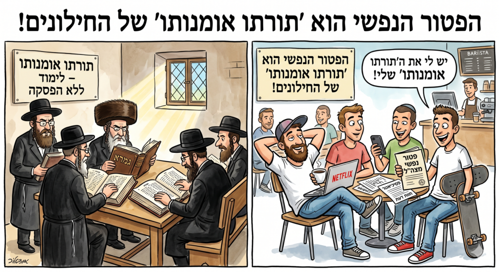 [בתמונה -  חיים רמון: 'הפטור הנפשי' הוא תורתו אומנותו של החילונים התמונה עובדה במערכת הבינה המלאכותית Gemini' של גוגל]