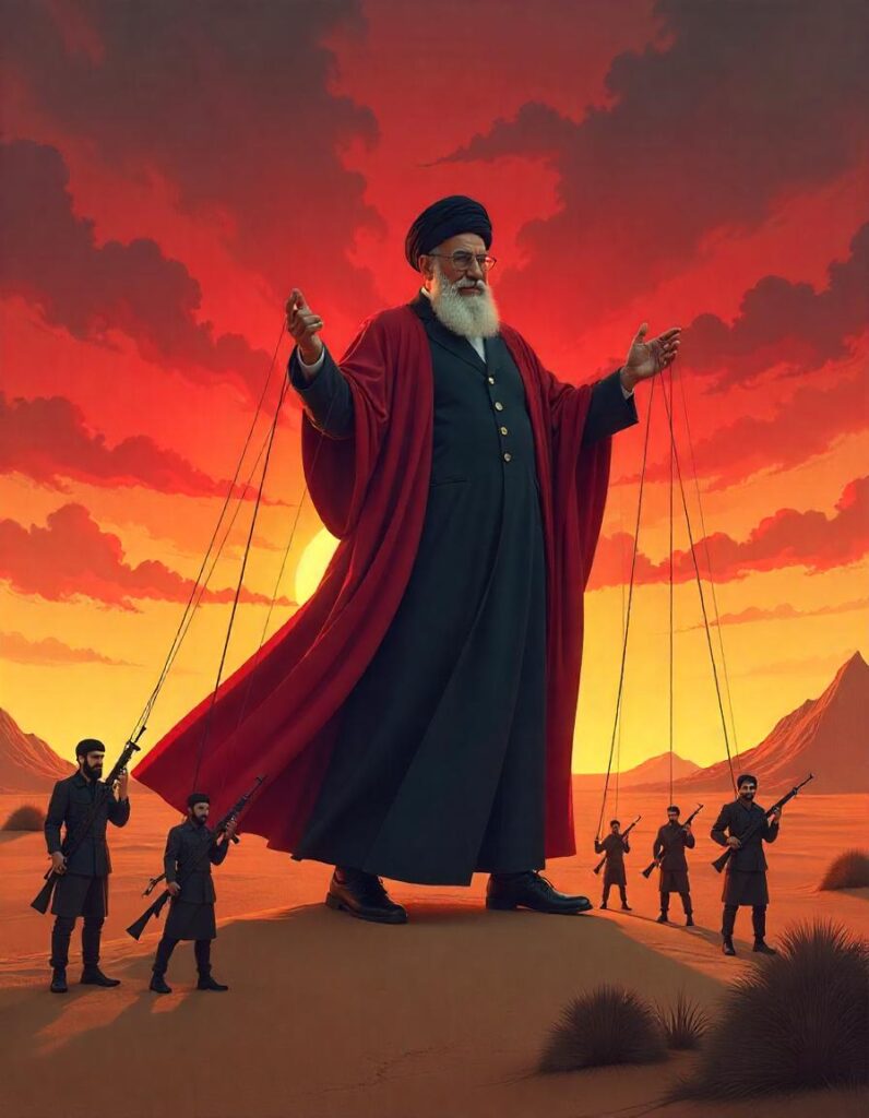 [בתמונה: חמנאי בוחן את טראמפ דרך חמאס… התמונה עובדה במערכת הבינה המלאכותית Pikaso]