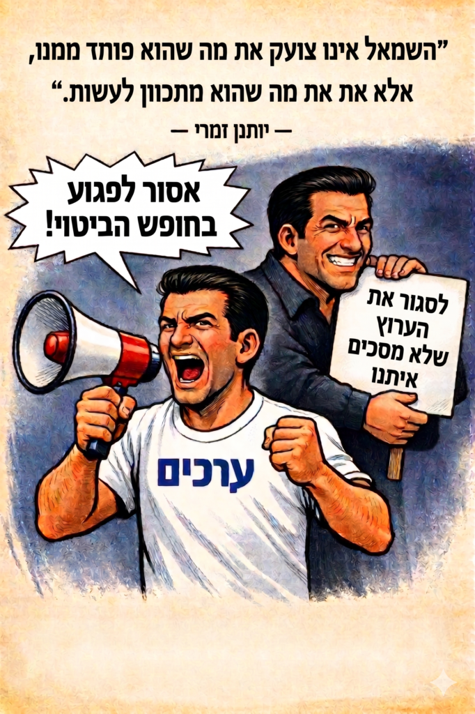 [בתמונה: יותם זמרי: "השמאל אינו צועק את מה שהוא פוחד ממנו, אלא את מה שהוא מתכוון לעשות!"... התמונה עובדה במערכת הבינה המלאכותית של Copilot ב- Windowes. הכיתוב עובד במערכת הבינה המלאכותית Gemini' של גוגל]