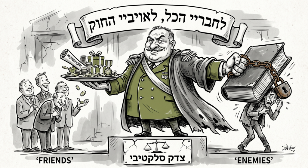 [בתמונה: "לחבריי הכל, לאויביי החוק"... התמונה עובדה במערכת הבינה המלאכותית Gemini' של גוגל]