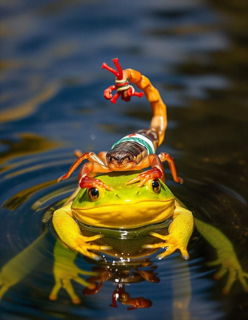 [בתמונה: תסמונת 'העקרב והצפרדע' של הפלסטינים… התמונה עובדה במערכת הבינה המלאכותית ideogram]