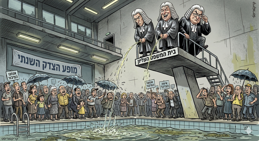 [בתמונה: בית המשפט הפסיק לעסוק בחוק ועבר לעסוק בסימון טריטוריה... התמונה עובדה במערכת הבינה המלאכותית Gemini' של גוגל]