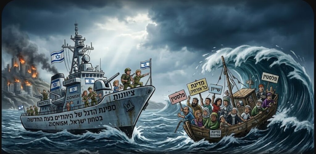 [בתמונה: אם הציונות היא ספינת הדגל של היהודים בעת החדשה, מה תהיה ספינת הדגל של מדינת כל אזרחיה? התמונה עובדה במערכת הבינה המלאכותית Gemini' של גוגל]