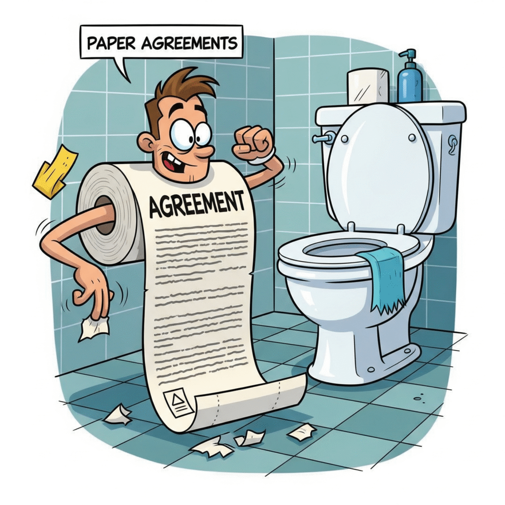 [בתמונה: מה ערכם של הסכמים? האמת, לא הרבה...התמונה עובדה במערכת הבינה המלאכותית Gemini' של גוגל]