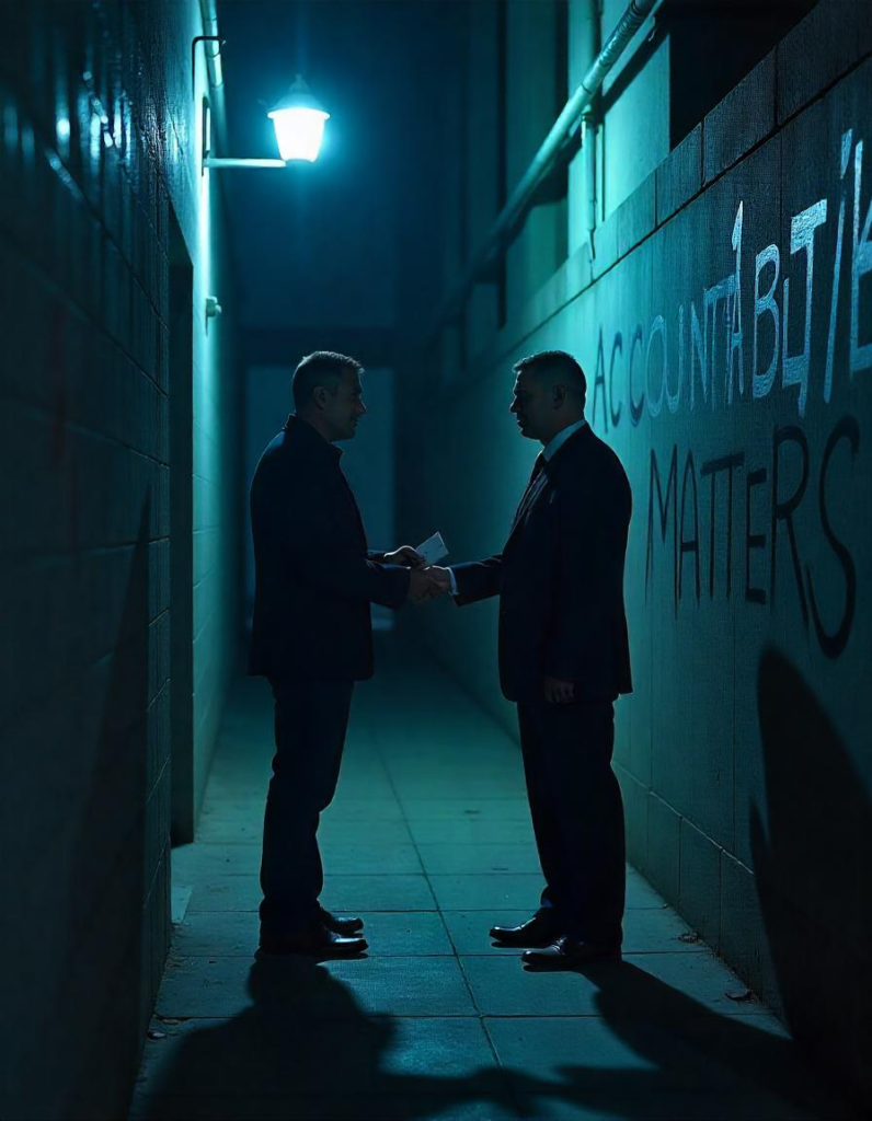 [בתמונה: במקומות שבהם האחריותיות חלשה, קיימים סיכונים מוגברים של שחיתות, חוסר יעילות והיעדר אמון במערכת הציבורית... התמונה עובדה במערכת הבינה המלאכותית Pikaso]