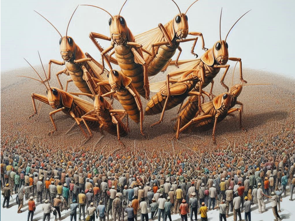 [בתמונה: התנהגות נחילית של מפגינים… התמונה עובדה במערכת הבינה המלאכותית של DALL·E ב- Microsoft Bing]