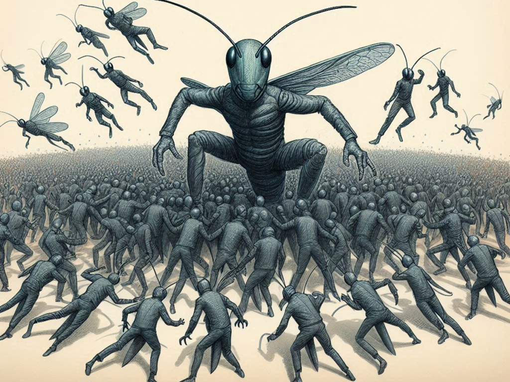 [בתמונה: התנהגות נחילית של מפגינים… התמונה עובדה במערכת הבינה המלאכותית של DALL·E ב- Microsoft Bing]