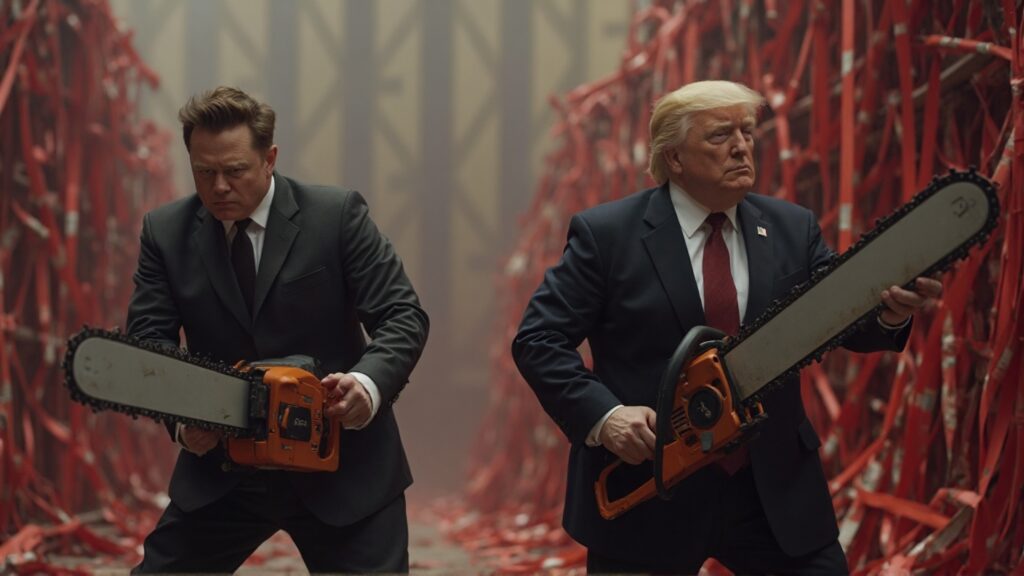 [בתמונה: דונלד טראמפ ואילון מאסק נלחמים בביורוקרטיה האמריקנית. הראשון שהשתמש במוטיב המשור החשמלי הוא חוויאר מיילי... התמונה עובדה במערכת הבינה המלאכותית של LTX]