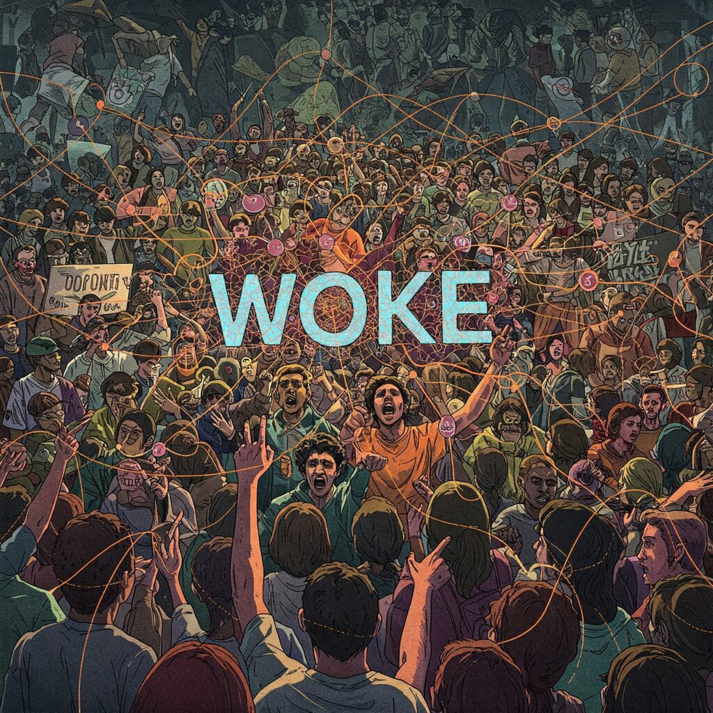 [בתמונה: תנועת ה-Woke הפכה את הדבקת האסוציאציות לכלי מרכזי בשיח שלה… התמונה עובדה במערכת הבינה המלאכותית Gemini' של גוגל]