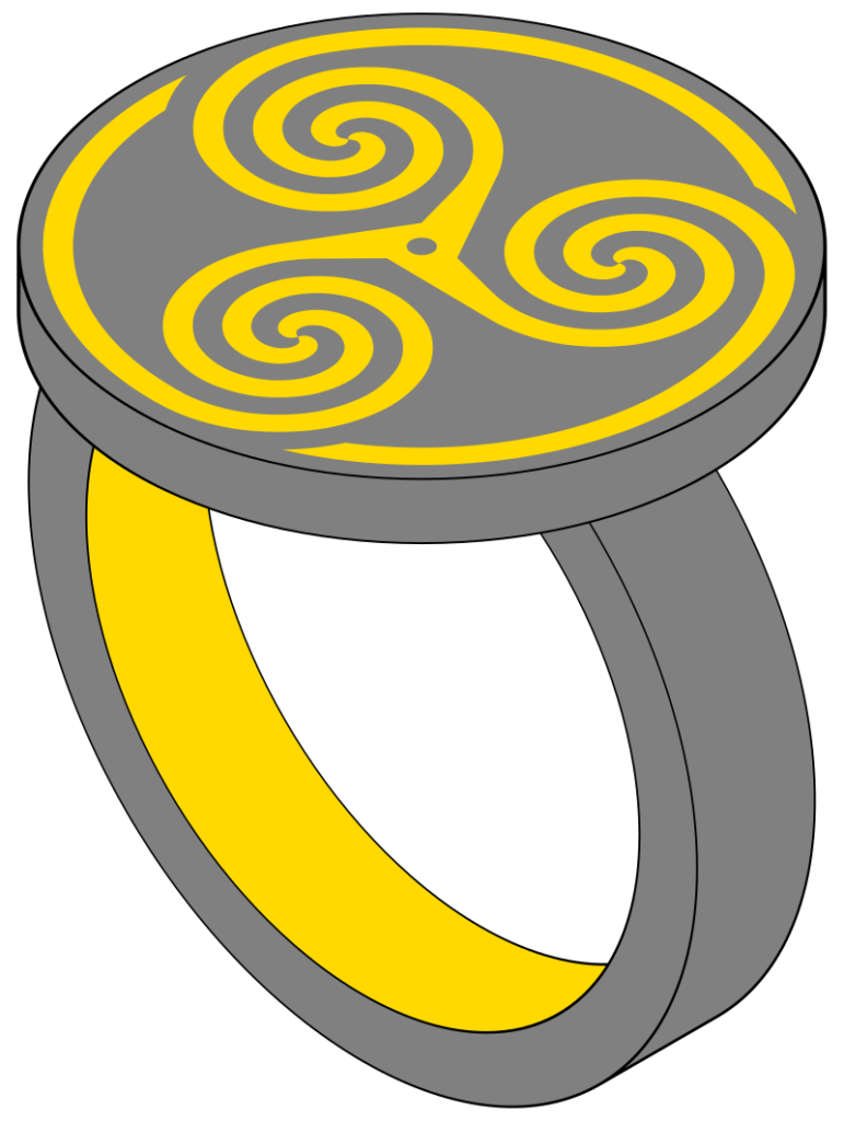 [בתמונה: טבעת ועליה טריסקל, כגון זו שעונדת O... התמונה נוצרה והועלתה לויקיפדיה על ידי AnonMoos. קובץ זה הוא בעל רישיון Creative Commons להפצה, תחת רישיון זהה, גרסה: CC BY-SA 3.0]