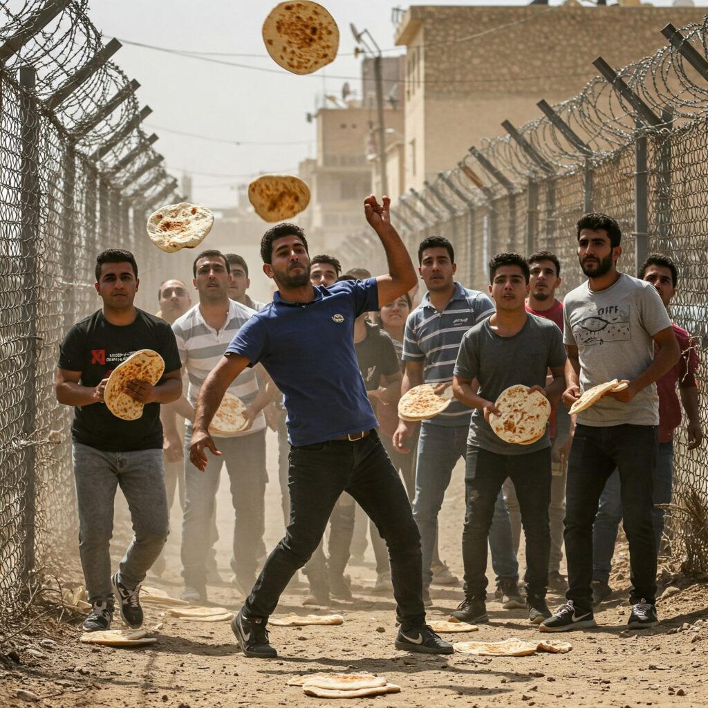 [בתמונה: המחאה משליכה פיתות על הקריה בפסח. מדוע? התמונה עובדה במערכת הבינה המלאכותית Gemini' של גוגל]