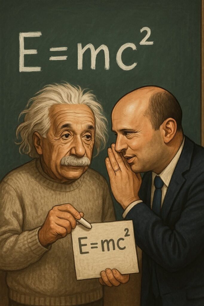 [מם לעגני שהתפרסם בעקבות הראיון שנתן בנט בערוץ 12, המציב את בנט ליד אלברט איינשטיין, בעת שהגה את נוסחתו המפורסמת. התמונה שותפה הרבה ברשתות החברתיות ובעל הזכויות שבה לא אותר. לכן, השימוש נעשה לפי סעיף 27א' לחוק זכויות יוצרים.  בעל הזכויות הראשי, אנא פנה ל: yehezkeally@gmail.com]