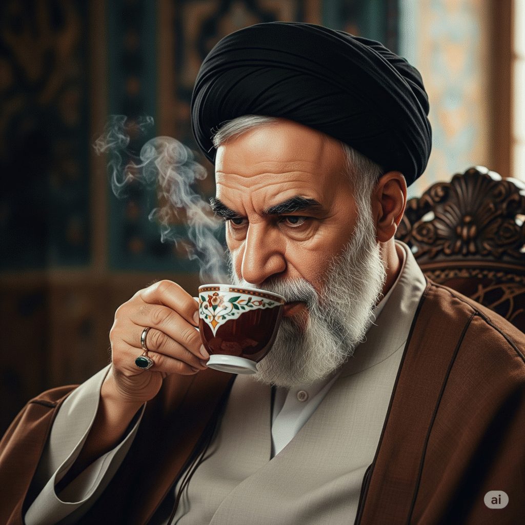 [בתמונה: משל כוס התרעלה של חומייני... התמונה עובדה במערכת הבינה המלאכותית Gemini' של גוגל]