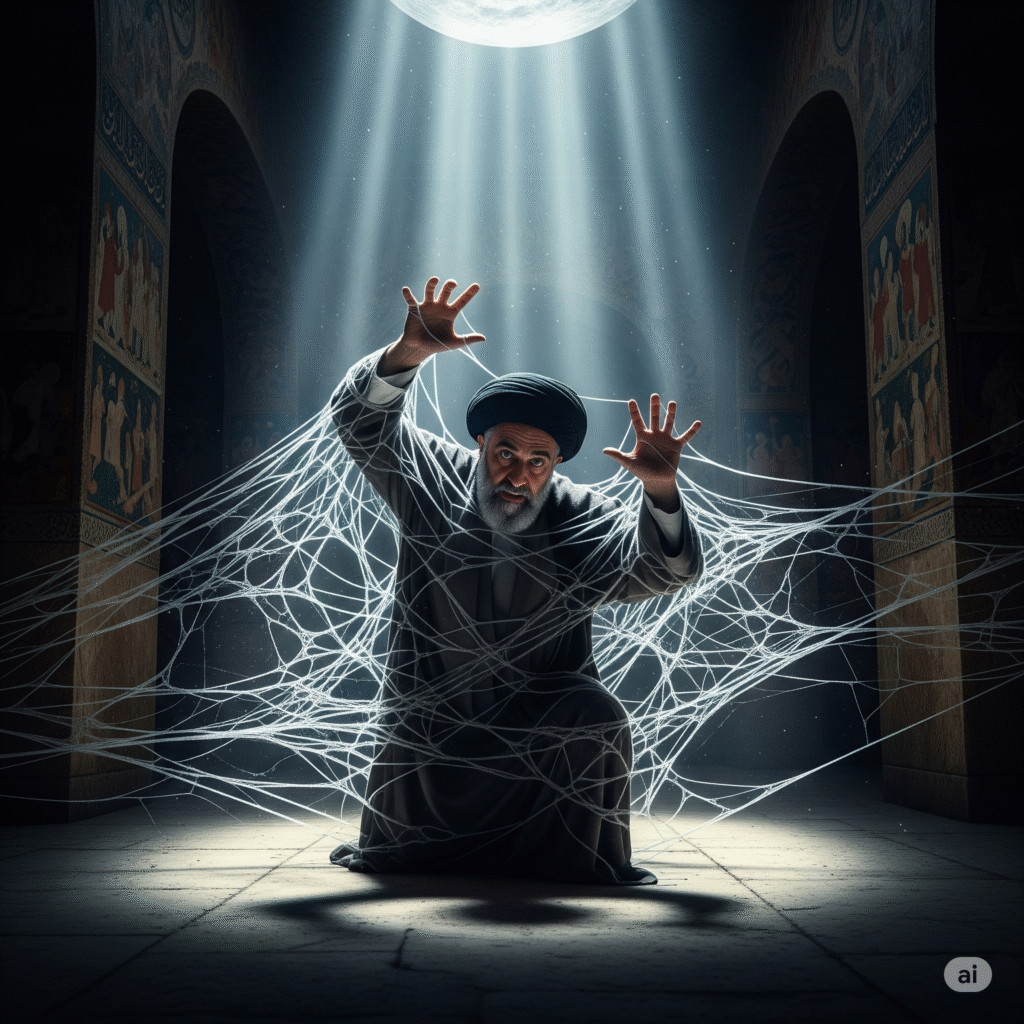 [בתמונה: תיאורית קורי העכביש קרסה, והותירה את איראן ללא תפיסת מלחמה, מסתבכת בקורי עכביש משלה... התמונה עובדה במערכת הבינה המלאכותית Gemini' של גוגל]