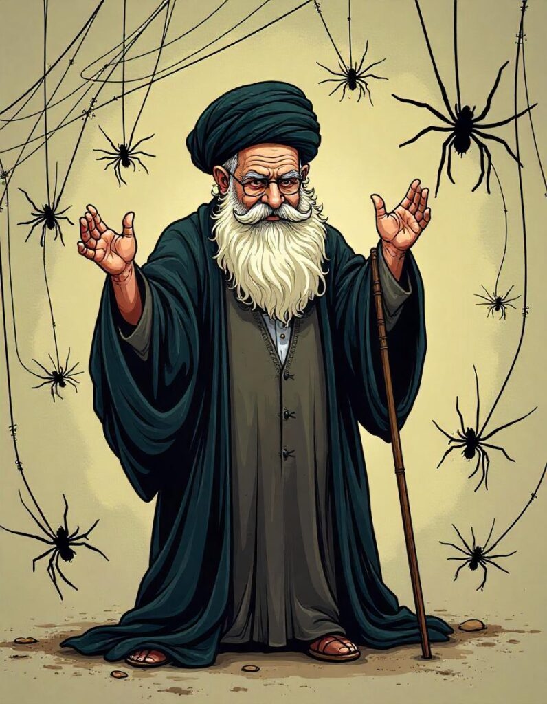 [בתמונה: תיאורית קורי העכביש קרסה, והותירה את איראן ללא תפיסת מלחמה, מסתבכת בקורי עכביש משלה... התמונה עובדה במערכת הבינה המלאכותית Pikaso]