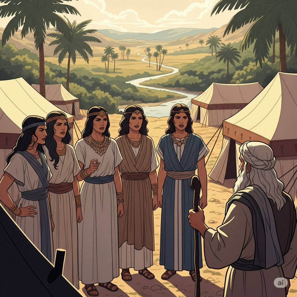 [בתמונה: חמש בנות צלופחד: מחלה, נועה, חגלה, מילכה ותירצה, משבט מנשה, שאביהן נפטר במדבר ולא היו לו בנים זכרים... התמונה עובדה במערכת הבינה המלאכותית Gemini' של גוגל]