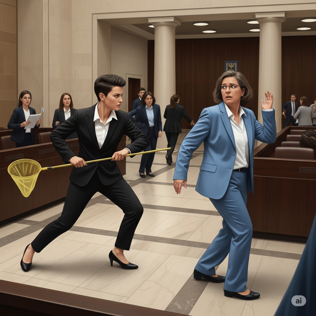 [בתמונה: רדיפת היועמ"שית תהפוך את טלי גוטליב לשרת המשפטים הבאה... התמונה עובדה במערכת הבינה המלאכותית Gemini' של גוגל]