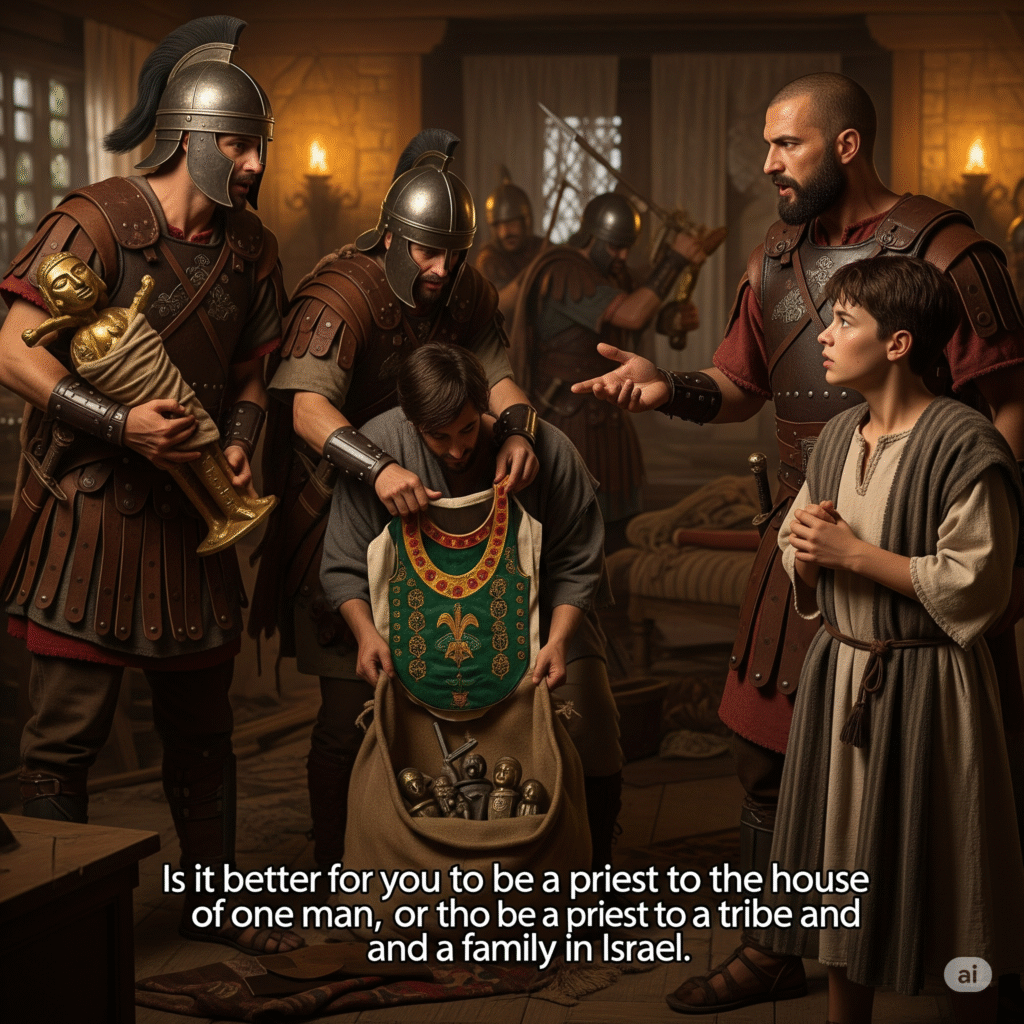 [בתמונה: "הֲטוֹב הֱיוֹתְךָ כֹּהֵן לְבֵית אִישׁ אֶחָד, אוֹ הֱיוֹתְךָ כֹּהֵן לְשֵׁבֶט וּלְמִשְׁפָּחָה בְּיִשְׂרָאֵל?" (שופטים י״ח, י״ט)... התמונה עובדה במערכת הבינה המלאכותית Gemini' של גוגל]