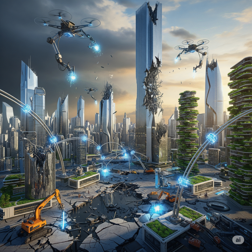 [בתמונה: פנחס יחזקאלי: שרידות / הישרדות היא מטרת העל של מערכת מורכבת... התמונה מציגה עיר עתידנית, שעוברת תהליך של שיקום עצמי לאחר אסון. כאן, המערכת המורכבת היא תשתית העיר כולה – הבניינים, הכבישים והתקשורת. רובוטים וכלי רכב אוטונומיים פועלים באופן עצמאי כדי לתקן נזקים, מה שמדגים את העיקרון של ריפוי עצמי ותגובה אוטומטית. זהו ביטוי ליכולת של מערכת מתוחכמת להסתגל ולשקם את עצמה באופן פרואקטיבי לאחר כשל.. התמונה עובדה במערכת הבינה המלאכותית Gemini' של גוגל]