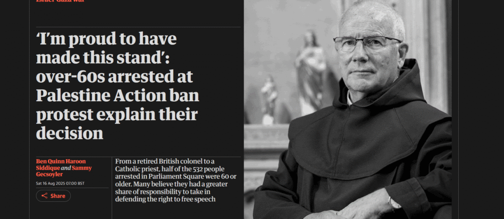 גרדיאן: ‘I’m proud to have made this stand’: over-60s arrested at Palestine Action ban protest explain their decision