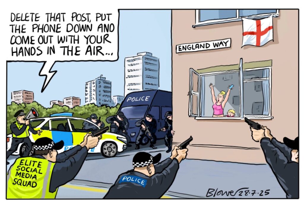 [בקריקטורה: רדיפת הצייצנים בבריטניה ע"י המשטרה. ציוץ עלול לעלות במאסר בפועל של חודשים בגין 'איסלאמופוביה'... לעומת זאת, המוסלמים עושים כרצונם, באין מפריע... המקור: דף הטוויטר של ד"ר אלי בר דוד. אנו מאמינים כי אנו עושים בתמונה שימוש הוגן]