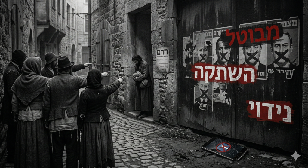 [בתמונה: מקורות החרם, ההשתקה, הביטול והנידוי... התמונה עובדה במערכת הבינה המלאכותית Gemini' של גוגל]