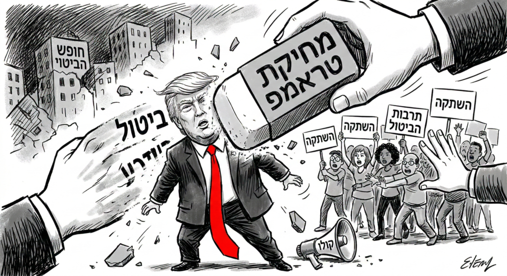 [בתמונה: לא ניתן להבין את תופעת 'תרבות הביטול' ואת המלחמה הנחושה של דונלד טראמפ נגדה, מבלי להבין כי טראמפ אינו רק לוחם אידאולוגי, אלא עדות חיה לניסיון מחיקה אקטיבי... התמונה עובדה במערכת הבינה המלאכותית Gemini' של גוגל]