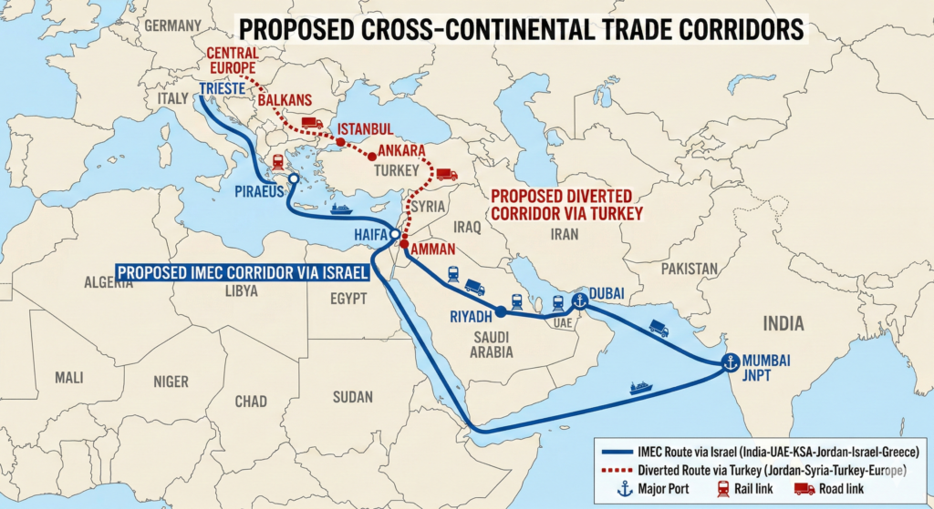 [בתמונה: הנתיב המקורי בכחול, והניסיון להטותו באדום... המפה עובדה במערכת הבינה המלאכותית Gemini' של גוגל]