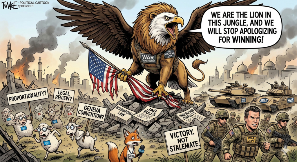 [בתמונה: "אנחנו האריה בג'ונגל הזה, ואנחנו נפסיק להתנצל על כך שאנחנו מנצחים"... התמונה עובדה במערכת הבינה המלאכותית Gemini' של גוגל]