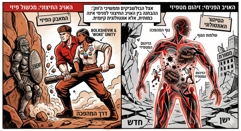 [בתמונה: אצל הבולשביקים וממשיכי דרכם בתנועת ה'ווק', ההבחנה בין האויב החיצוני לפנימי אינה כמותית, אלא אונטולוגית קיומית: בעוד האויב החיצוני הוא מכשול פיזי שיש להכניעו, האויב הפנימי נתפס כזיהום מטפיזי המאיים על שלמות ה"גוף" המהפכני התמונה עובדה במערכת הבינה המלאכותית Gemini' של גוגל]
