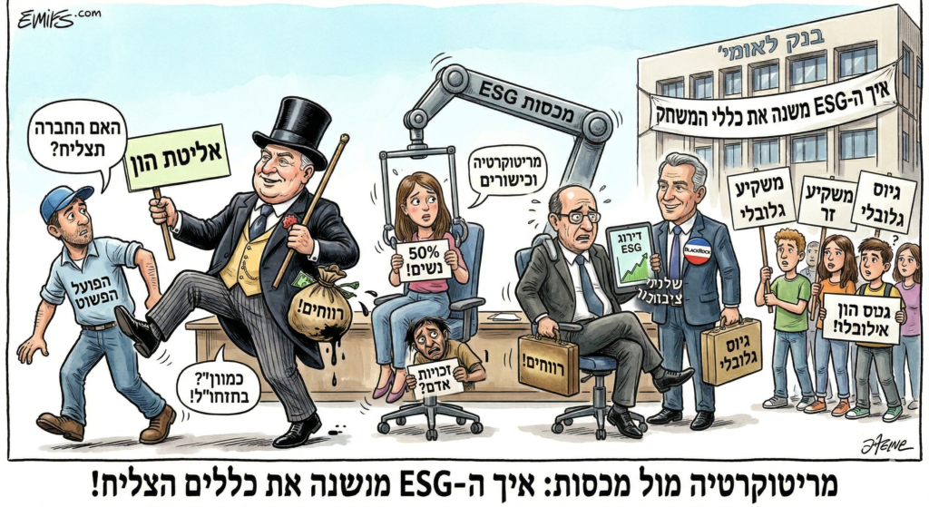 [בתמונה: מינויים מונחי מכסות (כמו "50% נשים!") עלולים לדחוק הצידה את אלו המזוהים עם מריטוקרטיה (כישורים ורווחים), רק כדי לספק את דרישות המשקיעים הזרים ולשפר את דירוג ה-ESG הגלובלי:.. התמונה עובדה במערכת הבינה המלאכותית Gemini' של גוגל]