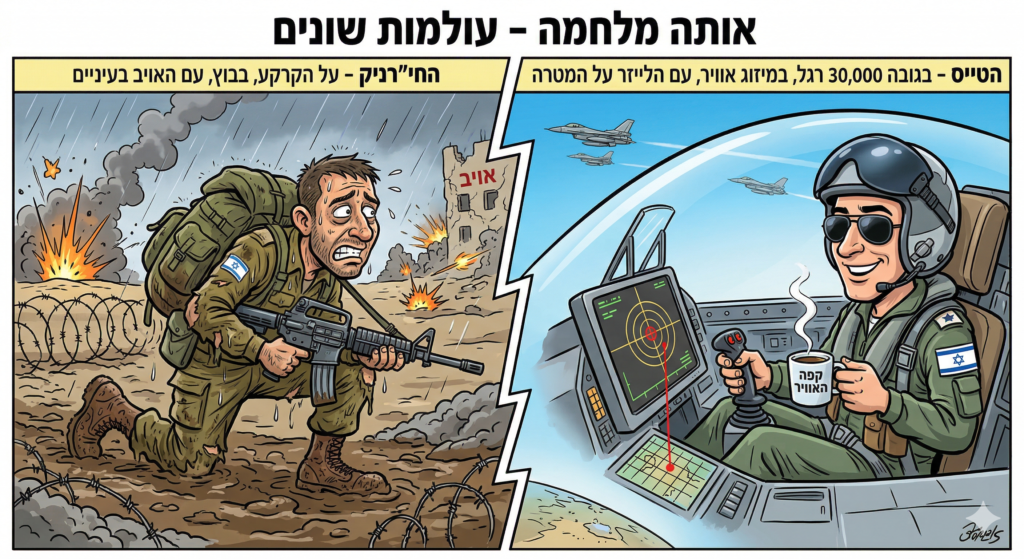 [בתמונה: מהשונות הטבעית בין מאפייני הלחימה באוויר, למאפייני הלחימה בחיכוך היבשתי... התמונה עובדה במערכת הבינה המלאכותית Gemini' של גוגל]