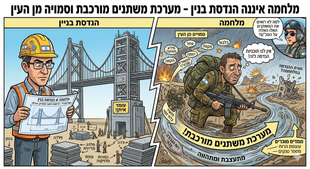 [בתמונה: מלחמה ביסוד טבעה איננה הנדסת בנין. גשר או מגדל לא יצליחו לעמוד איתן ללא הקפדה מדויקת  על דרישות חישובי כמות החומרים על פי תורת ההנדסה. המלחמה לעומת זאת מתעצבת ומתהווה במערכת משתנים מורכבת, חלקם סמויים מן העין ומשפיעים על תוצאת הקרב ולא רק  בממדים  המוכרים  כעוצמת הרוח והגבורה... התמונה עובדה במערכת הבינה המלאכותית Gemini' של גוגל]