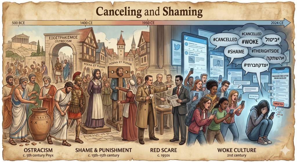 [בתמונה: התפתחות תופעת ההשתקה והביטול: מן החרם החברתי הקדום ועד תרבות הווק. התמונה עובדה במערכת הבינה המלאכותית Gemini' של גוגל]