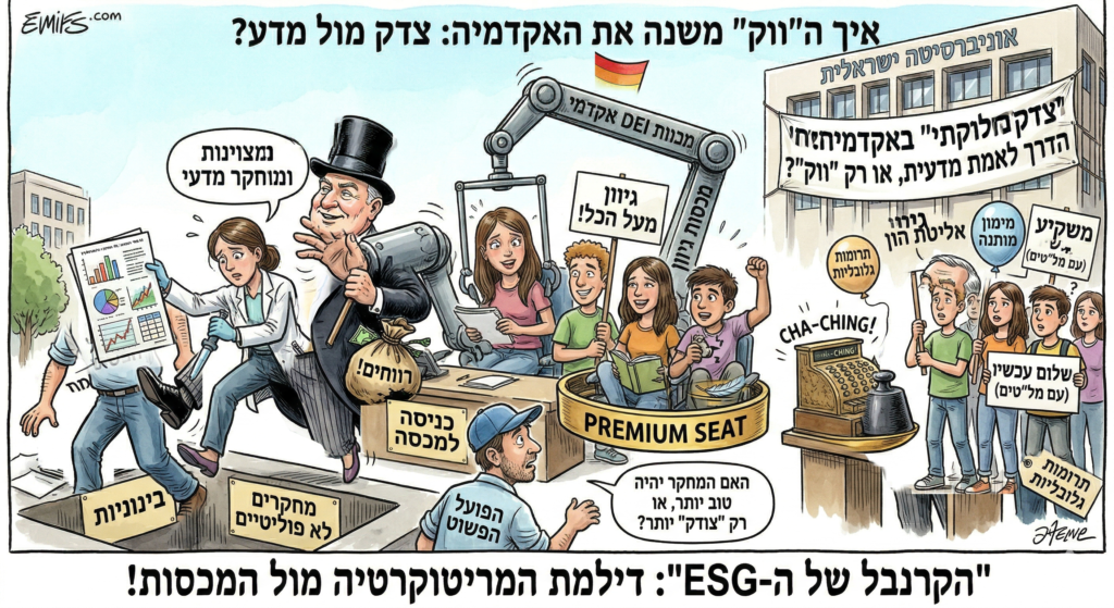 [בתמונה: תחת הסיסמה של להפוך את האקדמיה למקום 'צודק' יותר, נפגעת איכות המחקר המדעי בישראל... התמונה עובדה במערכת הבינה המלאכותית Gemini' של גוגל]