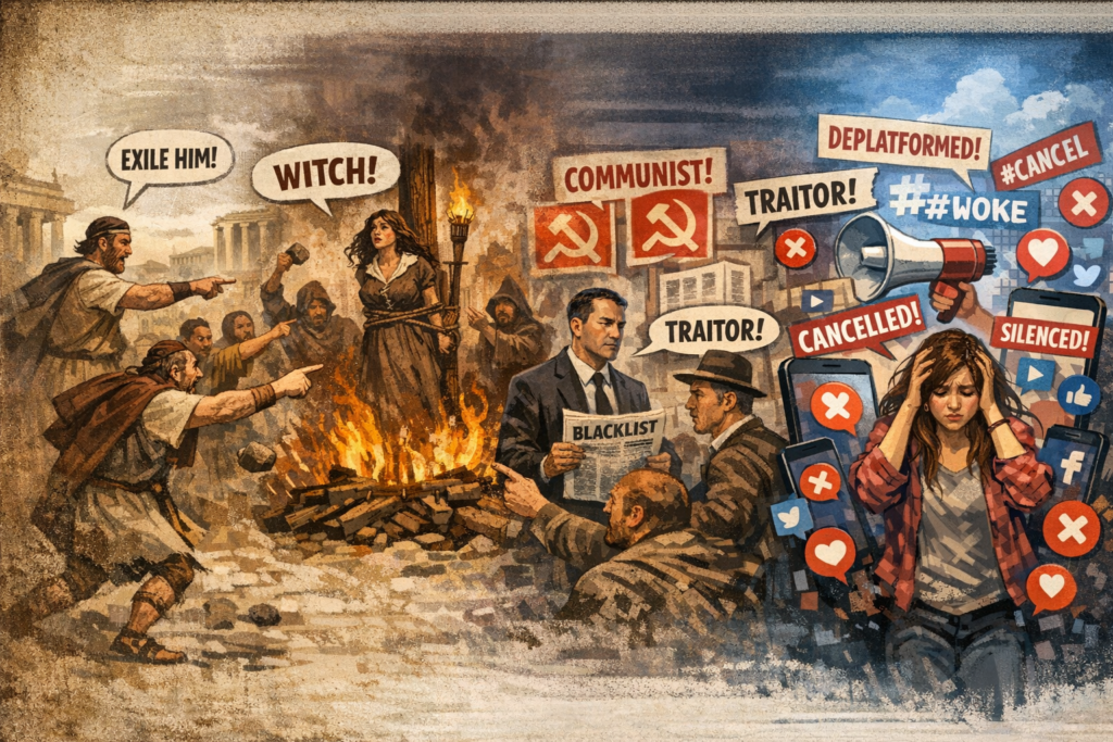 [בתמונה: התפתחות תופעת ההשתקה והביטול: מן החרם החברתי הקדום ועד תרבות הווק. התמונה עובדה במערכת הבינה המלאכותית של Copilot ב- Windowes]