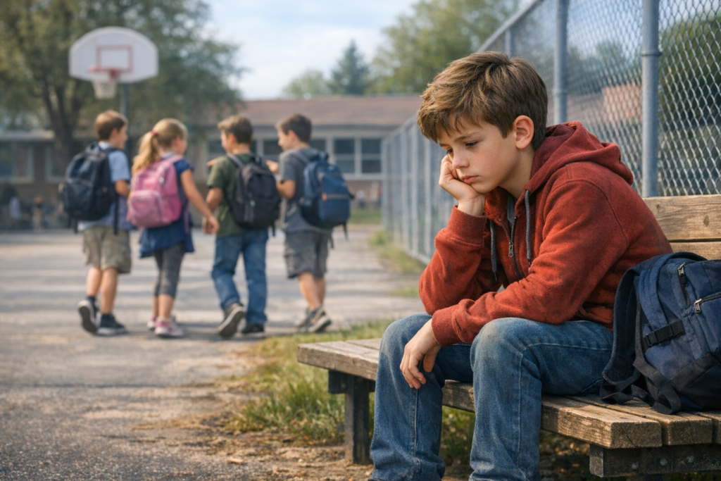 [בתמונה: ילדים מפעילים חרם לא רק מתוך אכזריות ספונטנית, אלא כחלק ממנגנון של ויסות חברתי: קביעת גבולות "מי בפנים" ו"מי בחוץ". התמונה עובדה במערכת הבינה המלאכותית של Copilot ב- Windowes]