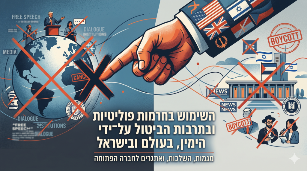 [בתמונה: השימוש בחרמות פוליטיות ובתרבות הביטול על־ידי הימין, בעולם ובישראל... התמונה עובדה במערכת הבינה המלאכותית Gemini' של גוגל]