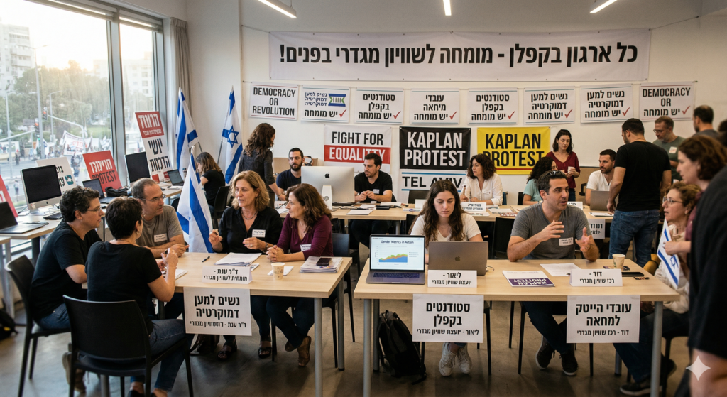 [בתמונה: קחו כל ארגון שמעורב במחאת קפלן, ותגלו שיש לו אחראי לשוויון מגדרי... התמונה עובדה במערכת הבינה המלאכותית Gemini' של גוגל]