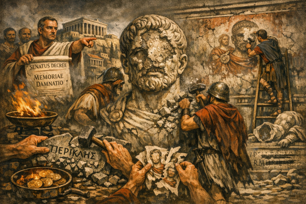 [בתמונה: ממחישה בעוצמה את רעיון ה- damnatio memoriae, מחיקת זכרו של אדם מההיסטוריה. ניתן לראות את הסצנה הרומית שבה פסל קיסר נחרט ונמחק, שמו נמחק מכתובות, ומגילות נשרפות בצו הסנאט. המעבר מענישה פיזית לשליטה בזיכרון הקולקטיבי מתבטא כאן באופן חזותי: לא רק השמדת הגוף, אלא מחיקה של עצם קיומו הסמלי.