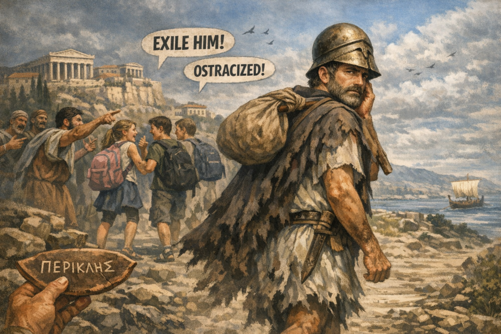 [התמונה מציגה את פריקלס ברגע הדרמטי שבו הוא מגורש מאתונה בעקבות האוסטרקיזם. ניתן לראות אותו צועד הרחק מהעיר, מביט לאחור בעצב ובכבוד, בעוד אזרחים אתונאים מצביעים עליו ומחזיקים שברי חרס עם שמו. הנוף של האקרופוליס ברקע והאור הדרמטי מדגישים את עוצמת הסצנה ואת תחושת הבידוד של המנהיג שנפל קורבן להחלטת הציבור. התמונה עובדה במערכת הבינה המלאכותית של Copilot ב- Windowes]