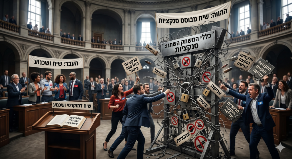 [בתמונה: ככל שפוליטיקת הזהויות והקיטוב מתעצמים, השיח הציבורי במערב הולך ומתרחק מהמודל הדמוקרטי הקלאסי של פולמוס רעיוני וחתירה לשכנוע, ומאמץ דפוסים של "משחק סכום אפס". במקום להתמודד עם טיעונים מנגד, קבוצות פוליטיות ואקטיביסטים נוטים יותר ויותר להפעיל לחץ חברתי וכלכלי, להשתמש בפרקטיקות של "ביטול" (Cancellation), ולהטיל סנקציות על אלו המחזיקים בדעות שונות. מגמה זו משקפת שחיקה ביסודות הסובלנות הדמוקרטית ובנכונות לנהל שיח פתוח ומכבד. התמונה עובדה במערכת הבינה המלאכותית Gemini' של גוגל]