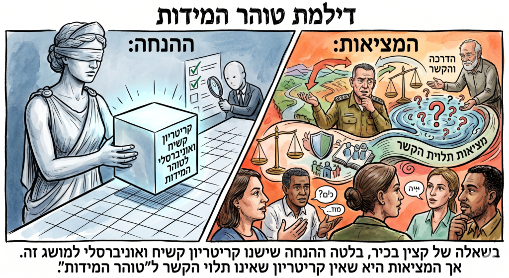 [בתמונה: בשאלת ״טוהר המידות״ של האלוף רונן גופמן, בלטה ההנחה שישנו קריטריון קשיח ואוניברסלי למושג זה. אך המציאות היא שאין קריטריון שאינו תלוי הקשר ל״טוהר המידות״... התמונה עובדה במערכת הבינה המלאכותית Gemini' של גוגל]