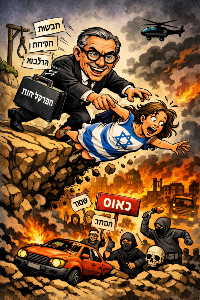[בתמונה: אבל למה גיל לימון מדרדר את ישראל לכאוס? התמונה עובדה במערכת הבינה המלאכותית של DALL·E ב- Microsoft Bing]