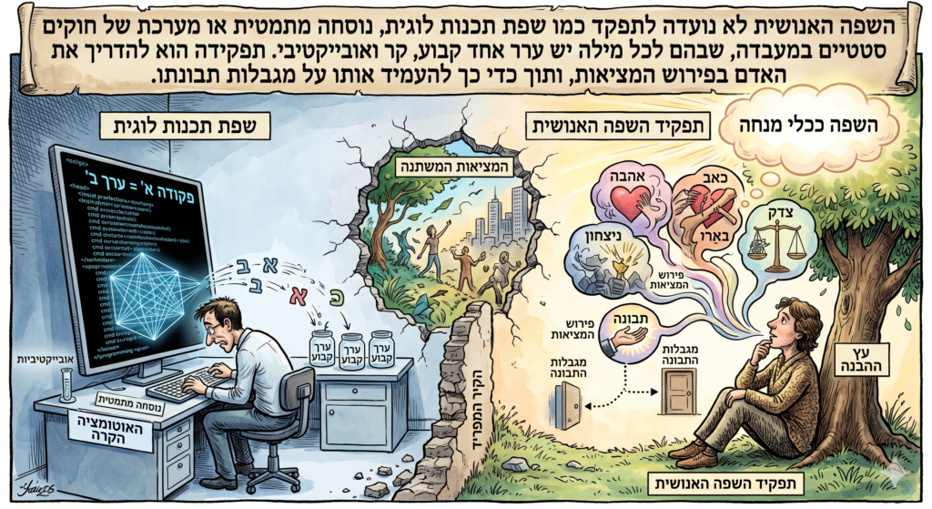 [בתמונה: השפה האנושית לא נועדה לתפקד כמו שפת תכנות לוגית, נוסחה מתמטית או מערכת של חוקים סטטיים במעבדה, שבהם לכל מילה יש ערך אחד קבוע, קר ואובייקטיבי. תפקידה הוא להדריך את האדם בפירוש המציאות, ותוך כדי כך להעמיד אותו על מגבלות תבונתו... התמונה עובדה במערכת הבינה המלאכותית Gemini' של גוגל]