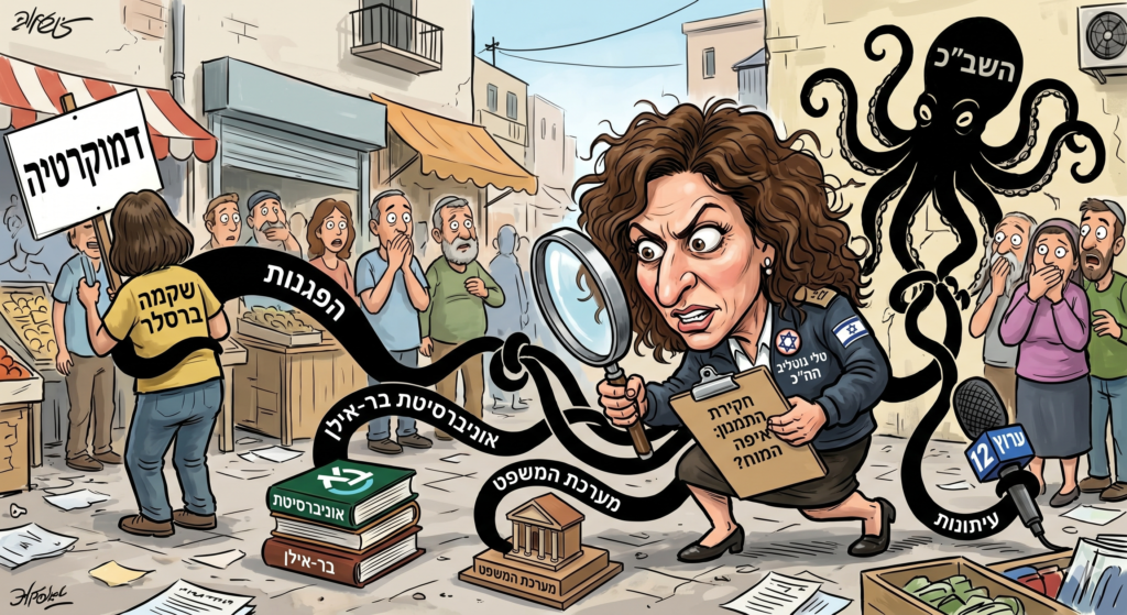 [בתמונה: טלי גוטליב היא בין הבודדים שחשפה בגבורה לאן מתחברות זרועות התמנון... התמונה עובדה במערכת הבינה המלאכותית Gemini' של גוגל]