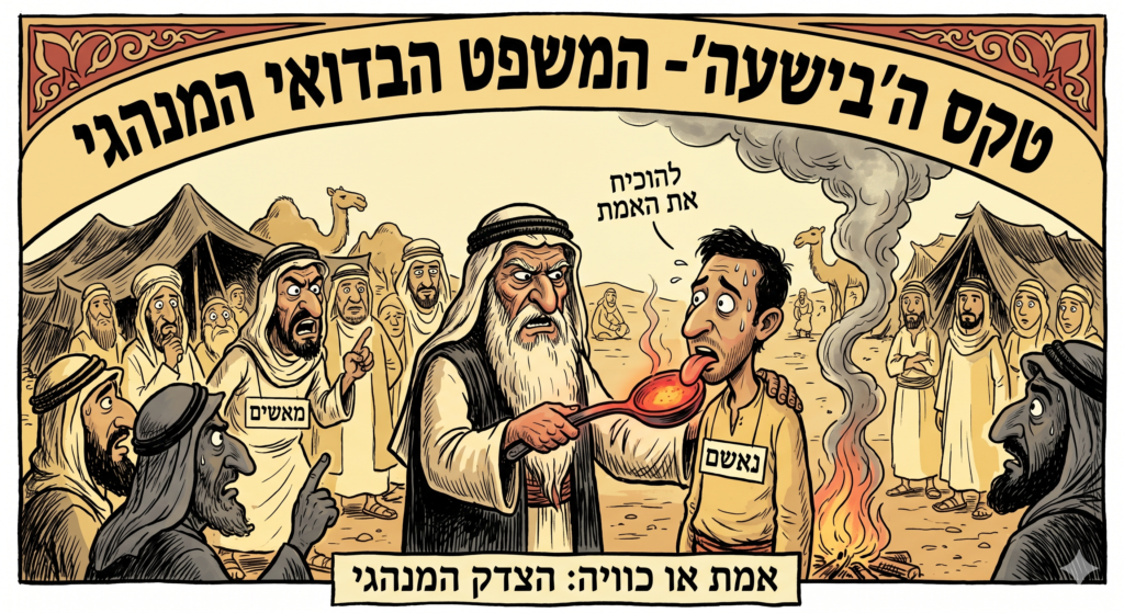 [בתמונה: טקס ה"בישעה" (البשعة), המשפט הבדואי המנהגי... התמונה עובדה במערכת הבינה המלאכותית Gemini' של גוגל]