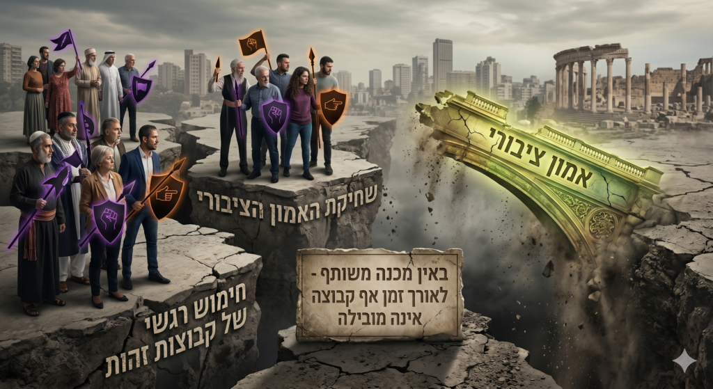 [בתמונה: כאשר חברה מפסיקה לחפש מכנה משותף ובמקום זאת משקיעה בחימוש רגשי של קבוצות זהות, התוצאה היא שחיקה של האמון הציבורי, משאב שבלעדיו אף קבוצה אינה יכולה להוביל לאורך זמן... התמונה עובדה במערכת הבינה המלאכותית Gemini' של גוגל]